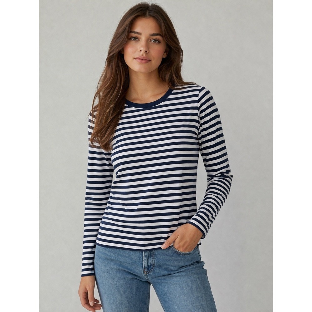 Free Assembly Navy White Striped Long Sleeve Top Women XS Cotton Coastal Top